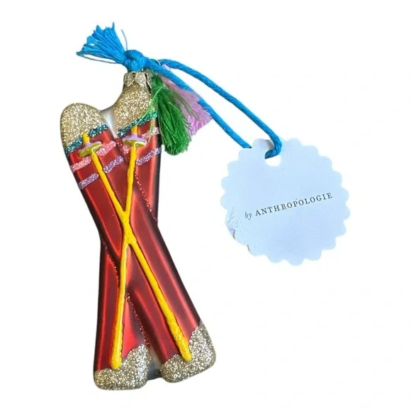 Anthropologie Skis Ornament Apres Ski Red Gold Hand Blown Glass Snow Winter NWT - Picture 2 of 3